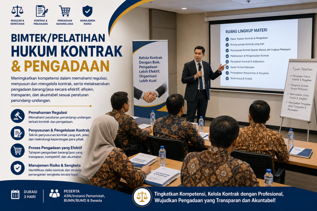 Potrer Bimtek/Pelatihan Hukum Kontrak dan Pengadaan Barang/Jasa dengan peserta ASN, BUMN, BUMD, dan instansi pemerintah yang mempelajari regulasi kontrak, penyusunan perjanjian, manajemen risiko, serta tata kelola pengadaan yang transparan, efektif, dan akuntabel.