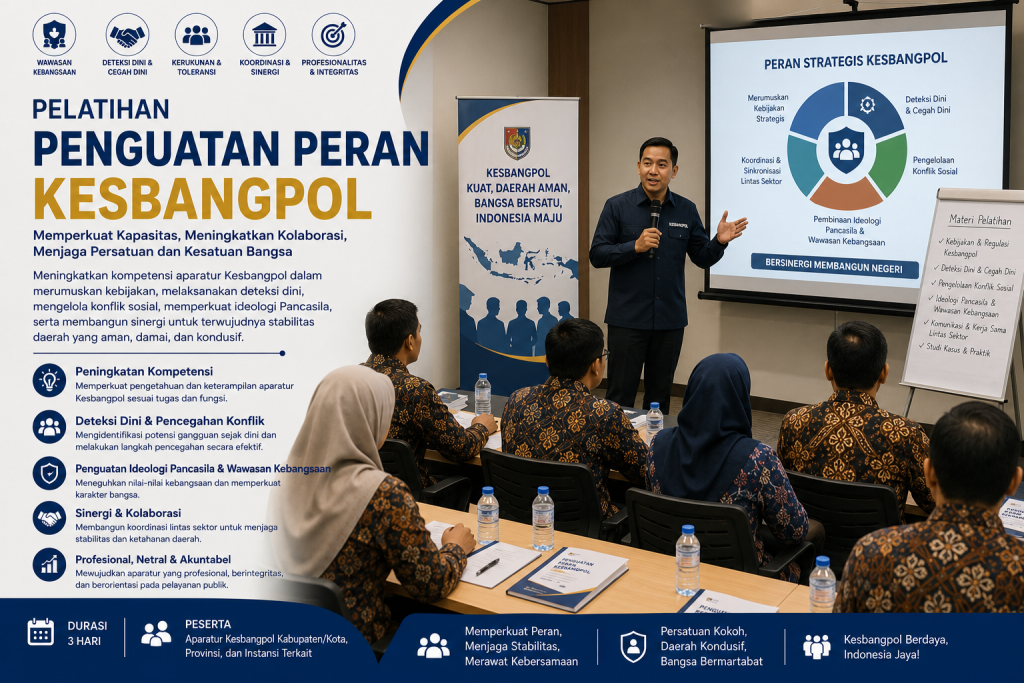 Pelatihan Penguatan Peran Kesbangpol dengan peserta aparatur pemerintah yang mengikuti pembelajaran tentang wawasan kebangsaan, deteksi dini dan pencegahan konflik, penguatan ideologi Pancasila, serta peningkatan sinergi dan koordinasi untuk menjaga stabilitas daerah dan persatuan bangsa.