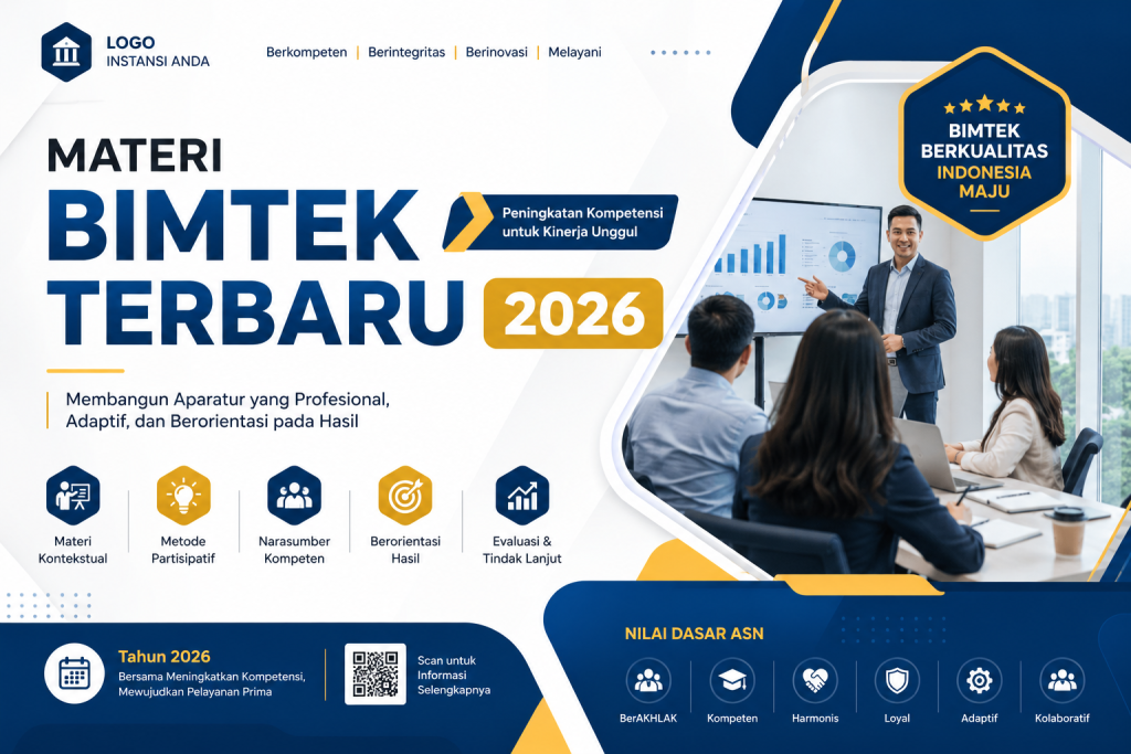 Desain banner Materi Bimtek Terbaru 2026 dengan tema pelatihan profesional ASN. Menampilkan ilustrasi kegiatan bimbingan teknis di ruang rapat modern, seorang narasumber sedang mempresentasikan data dan grafik kepada peserta. Dominasi warna biru, putih, dan emas dengan elemen ikon kompetensi, inovasi, kolaborasi, serta peningkatan kapasitas sumber daya manusia. Cocok untuk promosi bimtek, workshop, pelatihan, dan pengembangan kompetensi aparatur pemerintah tahun 2026.