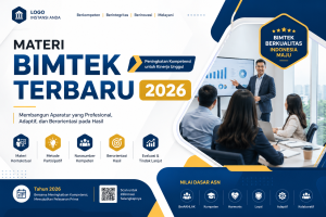 Desain banner Materi Bimtek Terbaru 2026 dengan tema pelatihan profesional ASN. Menampilkan ilustrasi kegiatan bimbingan teknis di ruang rapat modern, seorang narasumber sedang mempresentasikan data dan grafik kepada peserta. Dominasi warna biru, putih, dan emas dengan elemen ikon kompetensi, inovasi, kolaborasi, serta peningkatan kapasitas sumber daya manusia. Cocok untuk promosi bimtek, workshop, pelatihan, dan pengembangan kompetensi aparatur pemerintah tahun 2026.