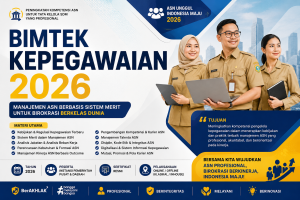 Poster Bimtek Kepegawaian 2026 dengan tema Manajemen ASN Berbasis Sistem Merit untuk Birokrasi Berkelas Dunia. Menampilkan tiga aparatur sipil negara (ASN) mengenakan seragam khaki sambil membawa laptop dan tablet, berlatar gedung perkantoran modern. Desain didominasi warna biru, putih, dan kuning dengan informasi materi utama meliputi kebijakan kepegawaian, sistem merit, analisis jabatan, analisis beban kerja, manajemen kinerja ASN, manajemen talenta, digitalisasi kepegawaian, serta pengembangan kompetensi dan karier ASN. Terdapat ikon profesionalisme, integritas, pelayanan, dan inovasi sebagai nilai utama ASN Indonesia.
