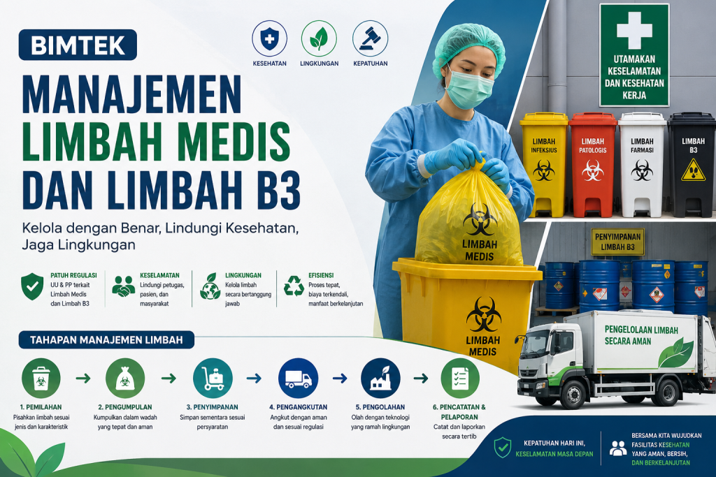 Poster Bimtek Manajemen Limbah Medis dan Limbah B3 dengan alur pengelolaan limbah, tenaga kesehatan, dan tempat sampah terklasifikasi