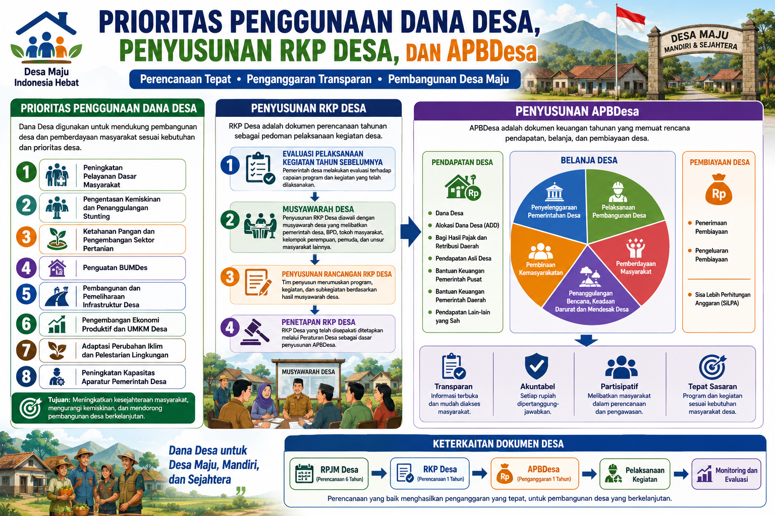 Prioritas penggunaan Dana Desa, penyusunan RKP Desa, dan APBDesa.