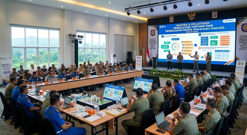 Foto suasana Bimtek & Pelatihan: Penguatan Tupoksi dan Penegakan Perda (Peraturan Daerah) Tahun 2026 di dalam aula. Puluhan anggota Satpol PP dan PPNS berseragam dinas (khaki dan biru) duduk rapi dalam formasi meja berbentuk U menghadap laptop. Di panggung depan, beberapa narasumber sedang memberikan pemaparan dengan latar belakang layar LED besar berlatar biru yang menampilkan infografis tupoksi penegakan peraturan daerah, lengkap dengan logo Satpol PP