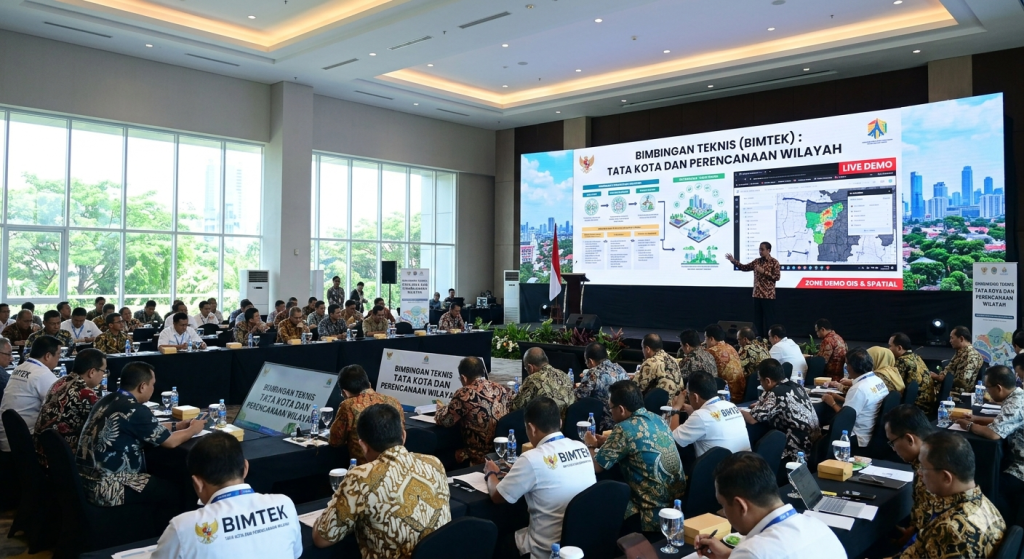Suasana acara Bimbingan Teknis (Bimtek) Tata Kota dan Perencanaan Wilayah di dalam sebuah aula besar. Puluhan peserta berpakaian batik dan kemeja putih tampak duduk menyimak materi dari narasumber di panggung. Layar LED besar di depan menampilkan peta spasial dan diagram infografis perkotaan dengan judul "BIMBINGAN TEKNIS (BIMTEK): TATA KOTA DAN PERENCANAAN WILAYAH".