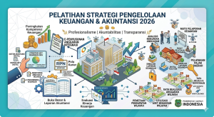Banner infografis Pelatihan Strategi Pengelolaan Keuangan & Akuntansi 2026 Pemerintah Daerah Indonesia, menampilkan ilustrasi isometrik tentang peningkatan kompetensi keuangan, e-penyusunan anggaran, analisis kebijakan, dan pemetaan pendapatan wilayah.