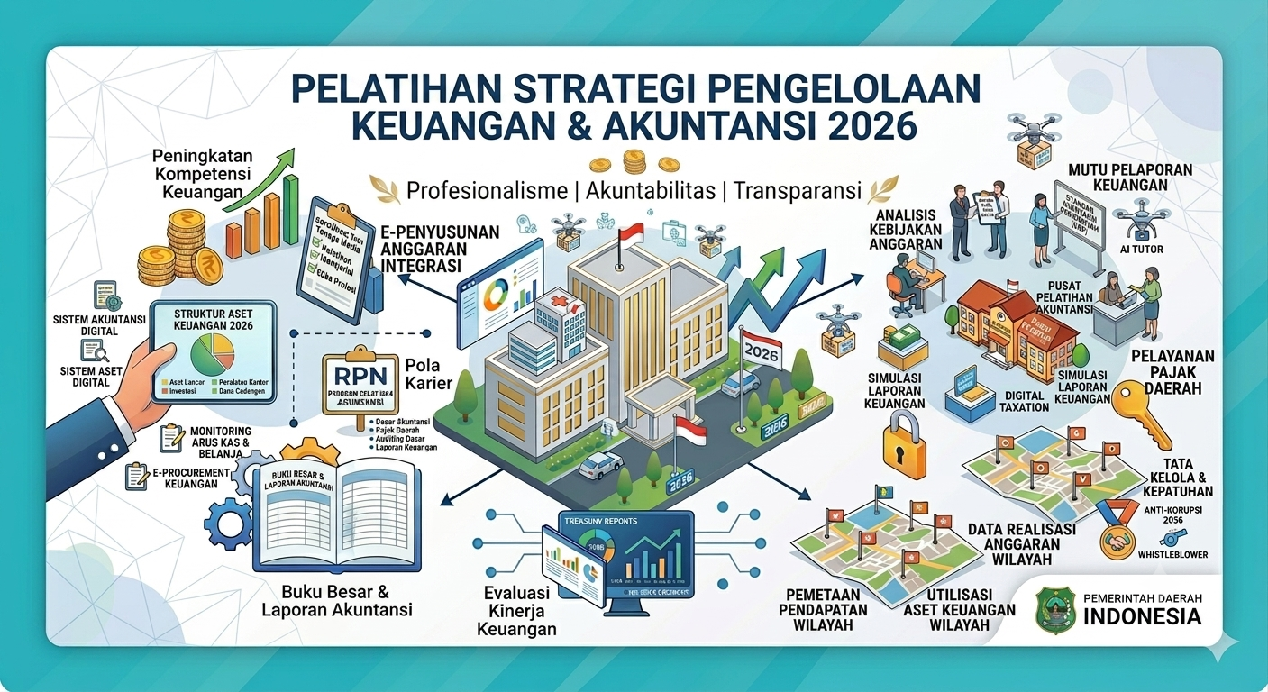 Banner infografis Pelatihan Strategi Pengelolaan Keuangan & Akuntansi 2026 Pemerintah Daerah Indonesia, menampilkan ilustrasi isometrik tentang peningkatan kompetensi keuangan, e-penyusunan anggaran, analisis kebijakan, dan pemetaan pendapatan wilayah.