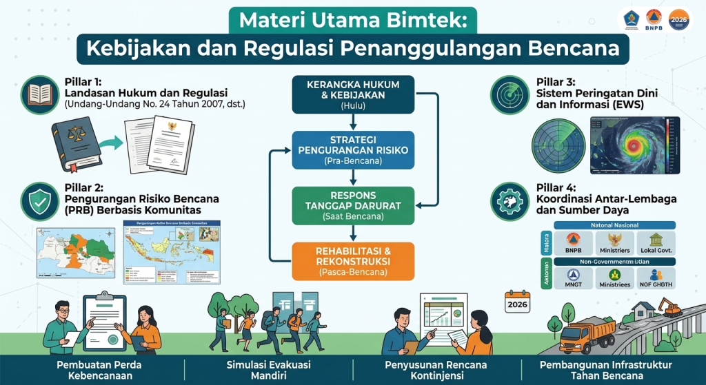 Infografis materi utama Bimtek Kebijakan dan Regulasi Penanggulangan Bencana dengan latar belakang putih-hijau toska. Desain menampilkan alur tata kelola bencana (hulu ke hilir) di bagian tengah, dikelilingi oleh empat pilar utama: Landasan Hukum, Pengurangan Risiko Berbasis Komunitas, EWS (Sistem Peringatan Dini), dan Koordinasi Antar-Lembaga (BNPB, Kementerian, Pemda). Bagian bawah dilengkapi ilustrasi aktivitas seperti pembuatan perda, simulasi evakuasi, penyusunan rencana kontinjensi, dan pembangunan infrastruktur tahan bencana, lengkap dengan logo BNPB serta penanda tahun 2026.