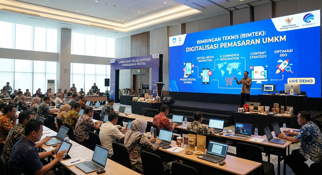 Foto sudut lebar suasana acara Bimbingan Teknis (Bimtek) Digitalisasi Pemasaran UMKM di sebuah aula besar. Puluhan peserta yang terdiri dari pelaku usaha dan instansi terkait berpakaian batik serta kemeja santai tampak duduk rapi menghadap panggung dengan laptop terbuka di atas meja panjang mereka. Di beberapa meja peserta juga terlihat contoh produk kemasan makanan ringan. Di depan ruangan, seorang narasumber pria bermikrofon sedang memberikan presentasi dengan latar belakang layar LED besar yang menampilkan materi bertuliskan "BIMBINGAN TEKNIS (BIMTEK): DIGITALISASI PEMASARAN UMKM". Layar tersebut memuat poin-poin infografis seperti "Pasar Digital Global", "Social Media Marketing", "E-Commerce Integration", "Content Strategy", dan "Optimasi SEO", lengkap dengan logo Kementerian Koperasi dan UKM serta Kominfo di sudut kanan atas. Di dekat panggung utama, terdapat area bertuliskan "UMKM Naik Kelas dengan Pemasaran Digital" yang memajang berbagai produk lokal terkemas rapi.