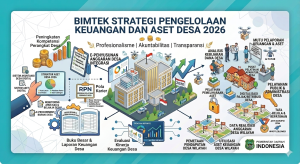 Banner infografis Bimtek Strategi Pengelolaan Keuangan dan Aset Desa 2026 Pemerintah Daerah Indonesia, menampilkan ilustrasi isometrik tentang peningkatan kompetensi perangkat desa, e-penyusunan anggaran desa, administrasi desa, dan pemetaan pendapatan desa.