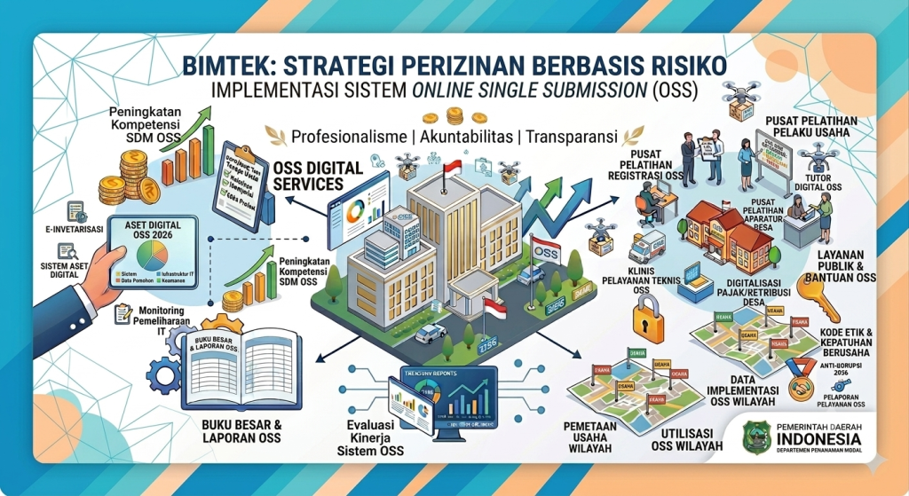 Banner infografis Bimtek Strategi Perizinan Berbasis Risiko dan Implementasi Sistem Online Single Submission (OSS) Pemerintah Daerah Indonesia dengan ilustrasi pelayanan digital isometrik.