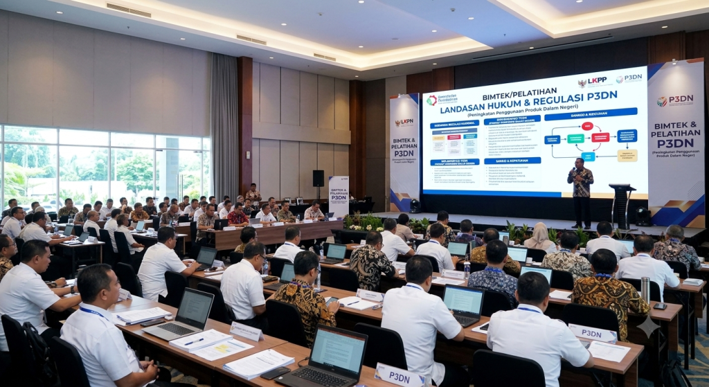 Foto suasana Bimtek/Pelatihan Landasan Hukum & Regulasi P3DN (Peningkatan Penggunaan Produk Dalam Negeri) di dalam aula besar. Puluhan peserta berseragam kemeja putih dan batik tampak fokus bekerja dengan laptop di meja masing-masing. Di depan ruangan, seorang narasumber pria sedang mempresentasikan materi regulasi dan alur sertifikasi yang ditampilkan pada layar LED besar berlatar putih-biru dengan logo LKPP dan P3DN.