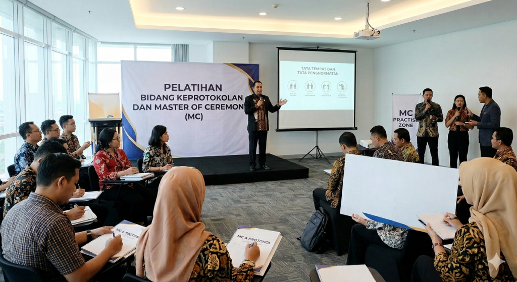 Suasana ruang kelas pelatihan keprotokolan dan MC yang dihadiri oleh belasan peserta. Di depan ruangan, seorang narasumber sedang memberikan materi presentasi di panggung kecil, didampingi sebuah proyektor dan spanduk besar bertuliskan "Pelatihan Bidang Keprotokolan dan Master of Ceremony (MC) - Lembaga Diklat Keuangan".