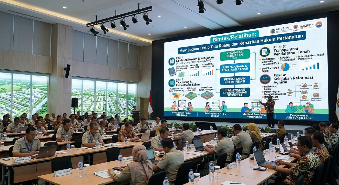 Foto suasana Bimtek/Pelatihan Kebijakan dan Regulasi Agraria di dalam sebuah aula modern. Puluhan peserta berseragam dinas PNS (khaki) dan batik duduk rapi menghadap meja panjang yang dilengkapi laptop. Di panggung depan, seorang narasumber pria berdiri menjelaskan materi yang ditampilkan pada layar LED raksasa. Layar tersebut memuat infografis bertuliskan "Mewujudkan Tertib Tata Ruang dan Kepastian Hukum Pertanahan" serta logo ATR/BPN, BNPB, dan LKPP.
