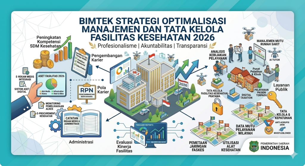 Banner infografis Bimtek Strategi Optimalisasi Manajemen dan Tata Kelola Fasilitas Kesehatan 2026 Pemerintah Daerah Indonesia, menampilkan ilustrasi isometrik tentang peningkatan kompetensi SDM, administrasi digital, analisis kebijakan, dan pemetaan jaringan faskes.