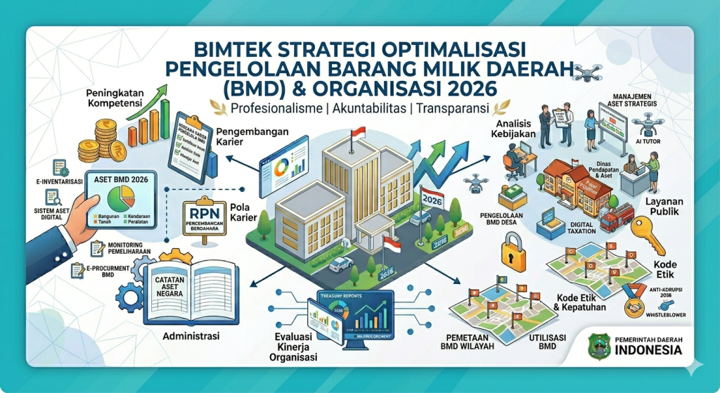 Banner infografis Bimtek Strategi Optimalisasi Pengelolaan Barang Milik Daerah (BMD) & Organisasi 2026 Pemerintah Daerah Indonesia, menampilkan ilustrasi isometrik manajemen aset digital, administrasi, evaluasi kinerja, pemetaan wilayah, dan layanan publik.