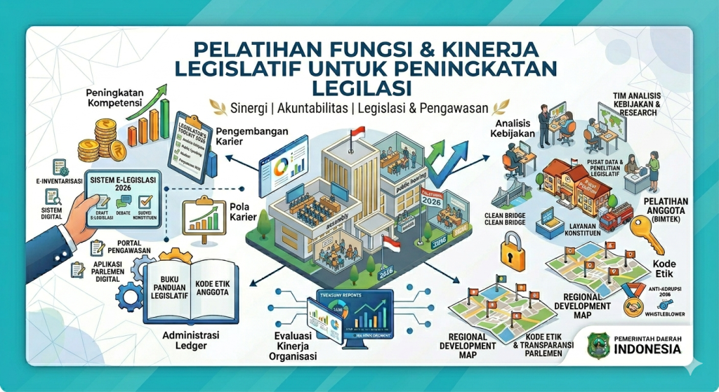 Spanduk infografis Pelatihan Fungsi dan Kinerja Legislatif untuk Peningkatan Legislasi Pemerintah Daerah Indonesia, menampilkan ilustrasi isometrik tentang peningkatan kompetensi anggota dewan, analisis kebijakan, administrasi parlemen, dan evaluasi kinerja organisasi.