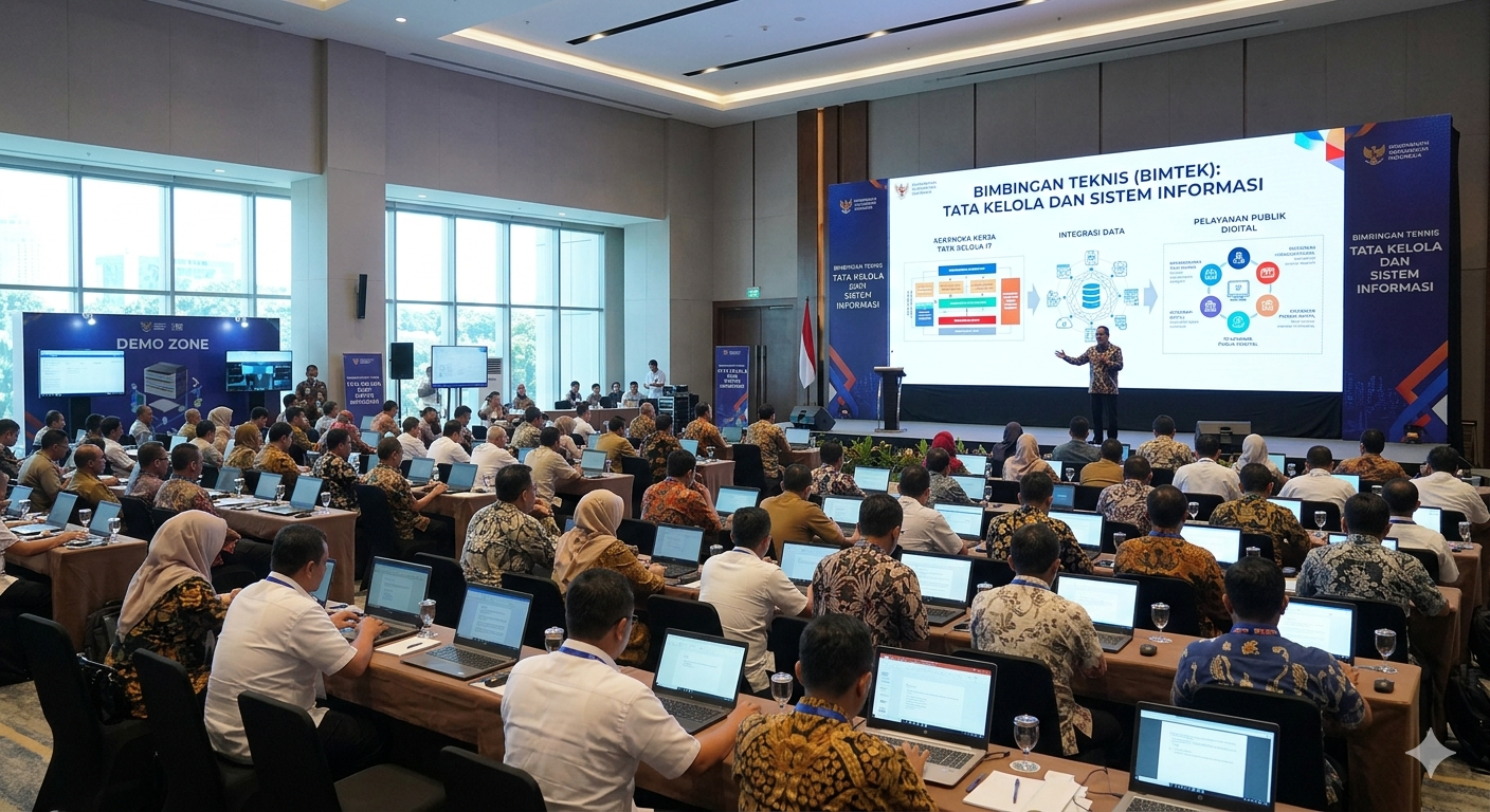 Foto sudut lebar suasana acara Bimbingan Teknis (Bimtek) Tata Kelola dan Sistem Informasi di dalam aula besar. Puluhan peserta yang terdiri dari ASN dan staf IT berpakaian batik serta kemeja putih tampak duduk rapi menghadap panggung dengan laptop terbuka di meja panjang mereka. Di depan ruangan, seorang narasumber sedang memberikan presentasi dengan latar belakang layar LED besar yang menampilkan materi bertuliskan "BIMBINGAN TEKNIS (BIMTEK): TATA KELOLA DAN SISTEM INFORMASI". Layar tersebut juga memuat diagram bertema "Kerangka Kerja Tata Kelola IT", "Integrasi Data", dan "Pelayanan Publik Digital". Di sisi kiri aula, terdapat area khusus bernama "DEMO ZONE" dengan layar-layar monitor yang menampilkan simulasi sistem. Ruangan terlihat terang dan profesional dengan jendela-jendela besar di sisi samping.
