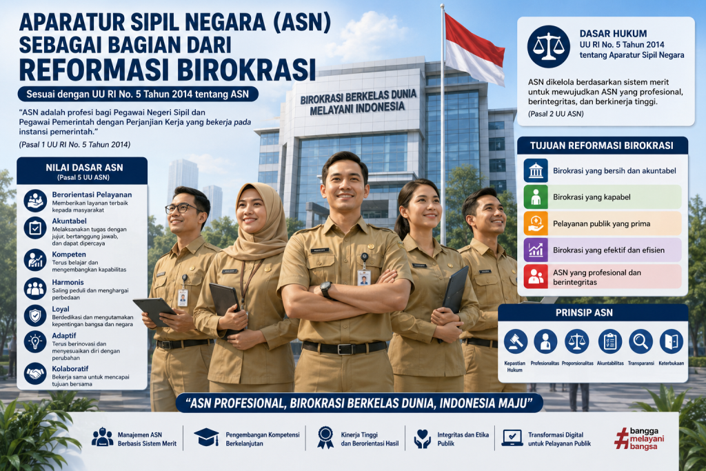 banner Aparatur Sipil Negara (ASN) sebagai Bagian dari Reformasi Birokrasi Sesuai dengan UU RI No. 5 Tahun 2014